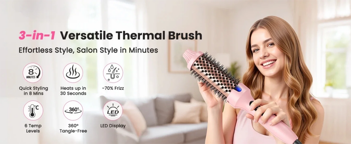 Ionic Heated Round Brush with Six Temperature Settings, LED Display and 110–240V Listed Dual Voltage for Curling, Smoothing and Root Volume, Pink