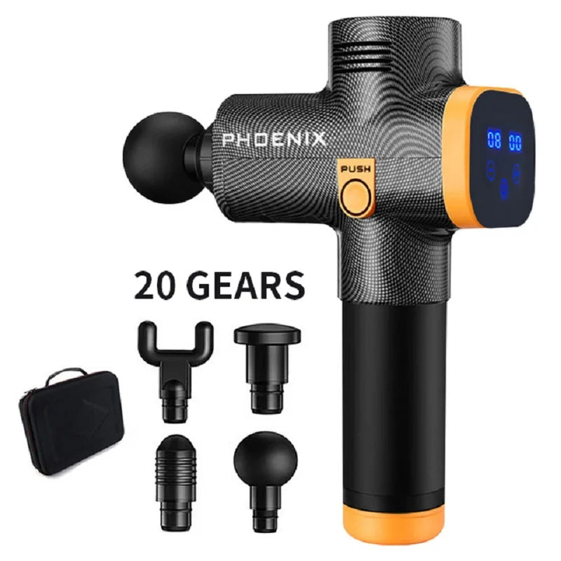 Rechargeable LCD Massage Gun Phoenix A2 with Four or Six Head Options, Adjustable Settings and Silicone Grip for Everyday Muscle Relaxation