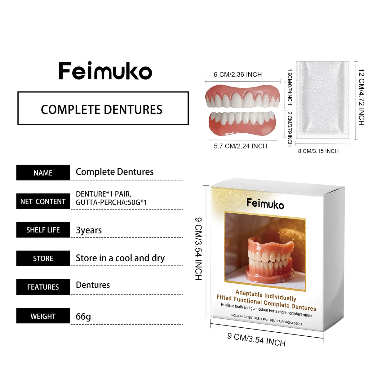 Cosmetic Denture-Style Teeth Cover Kit with Single-Piece and Multi-Item Purchase Labels, Material and Fit Details Requiring Professional Dental Review Before Use