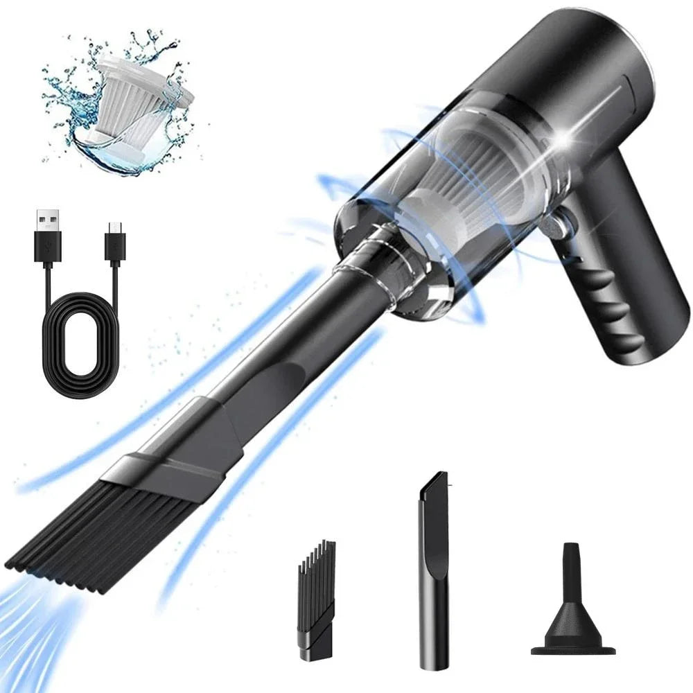 Car Vacuum Cleaner with USB Rechargeable Battery and Nozzle Kit, Black Cordless Handheld Tool for Vehicle Interior Crumbs and Household Spot Cleaning