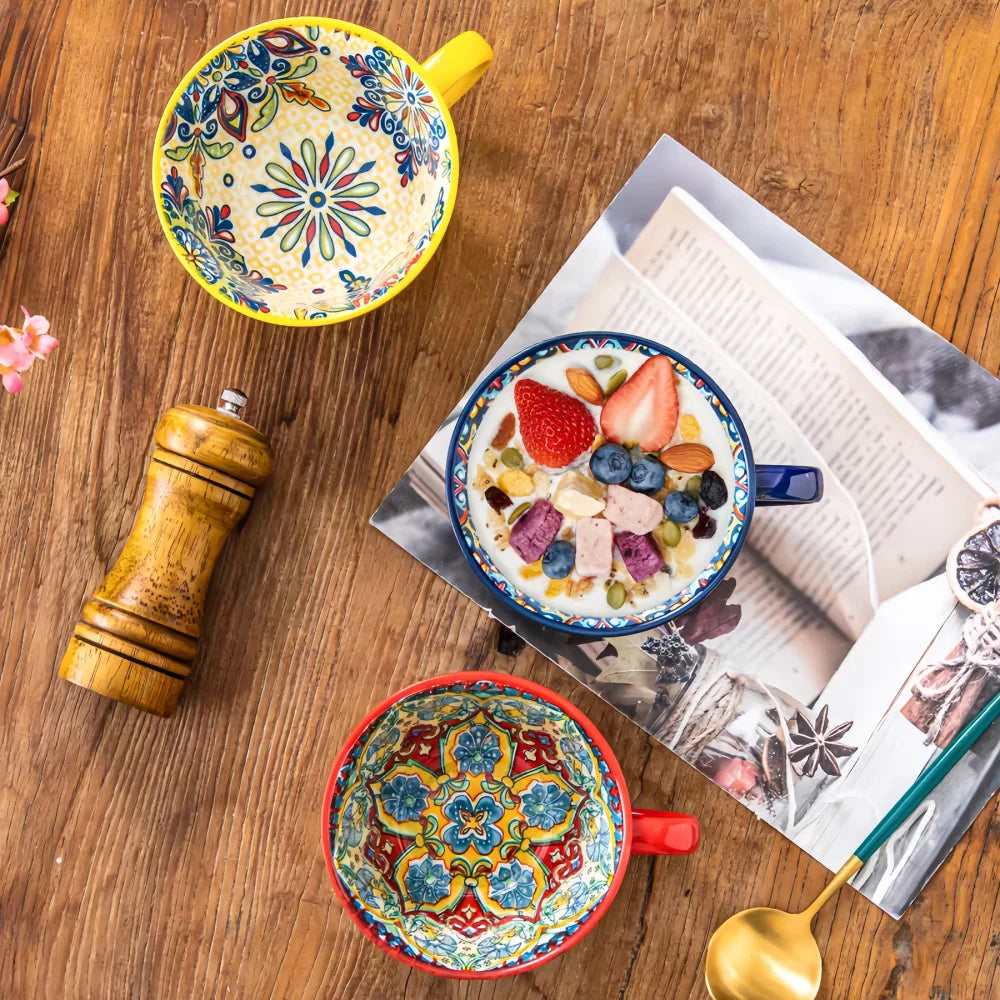 Bohemian Ceramic Coffee Mug with Hand-Painted Style Reference, Dark Red, Green, Blue and Yellow Cup Options Plus Coded Selection for Tea Breaks and Kitchen Gifts
