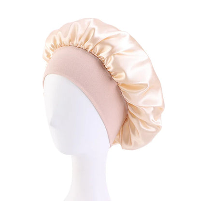 Wide Band Satin Sleep Bonnet with Listed Elastic Hair Wrap Design, Polyester Material Reference and Twenty-Eight Color Labels for Adult Nighttime Hair Styling