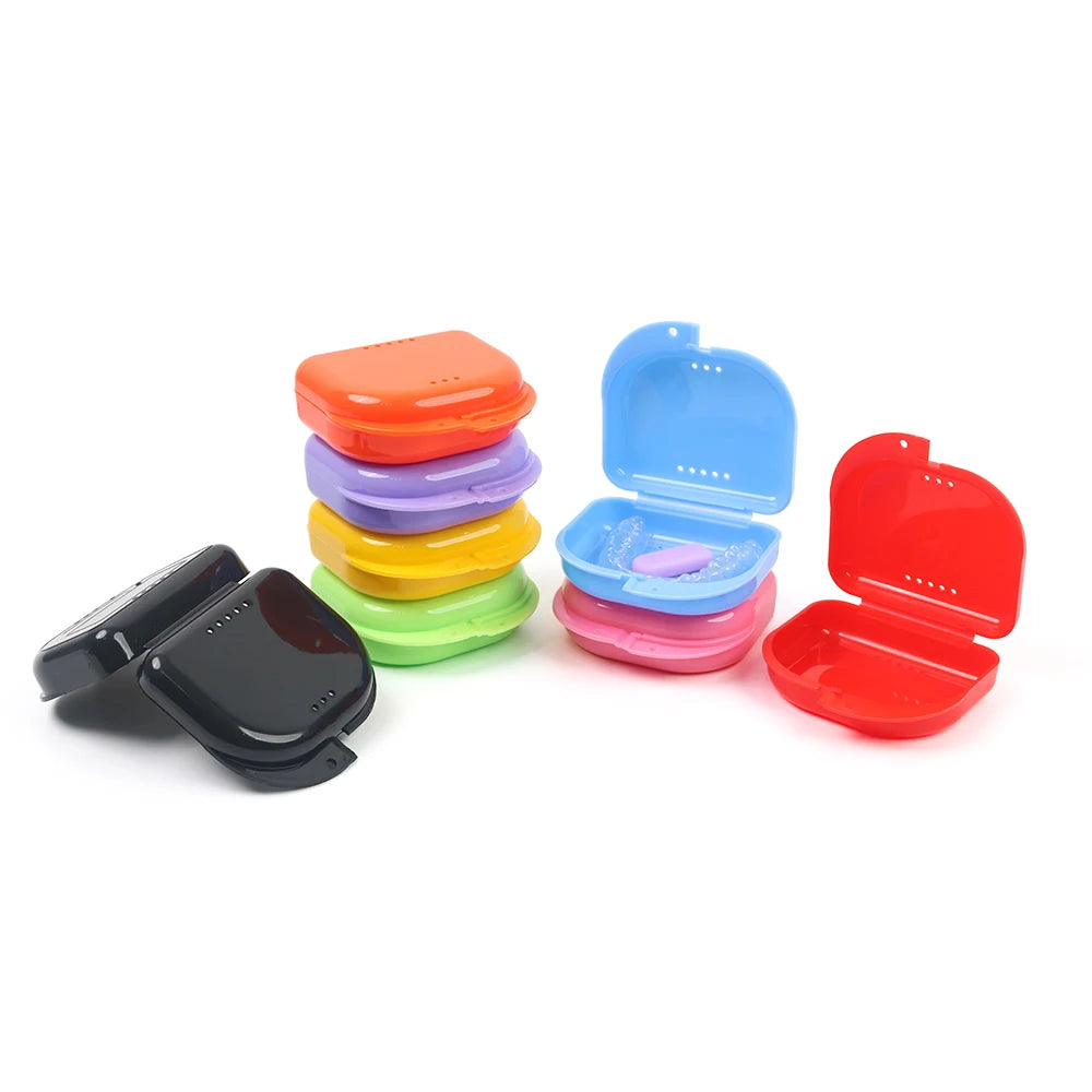 Hinged Retainer Storage Boxes, 50-Pack Vented Polypropylene Cases with Snap Closure for Compatible Mouth Guards and Dentures, Seven Colors or Random Mixed Pack