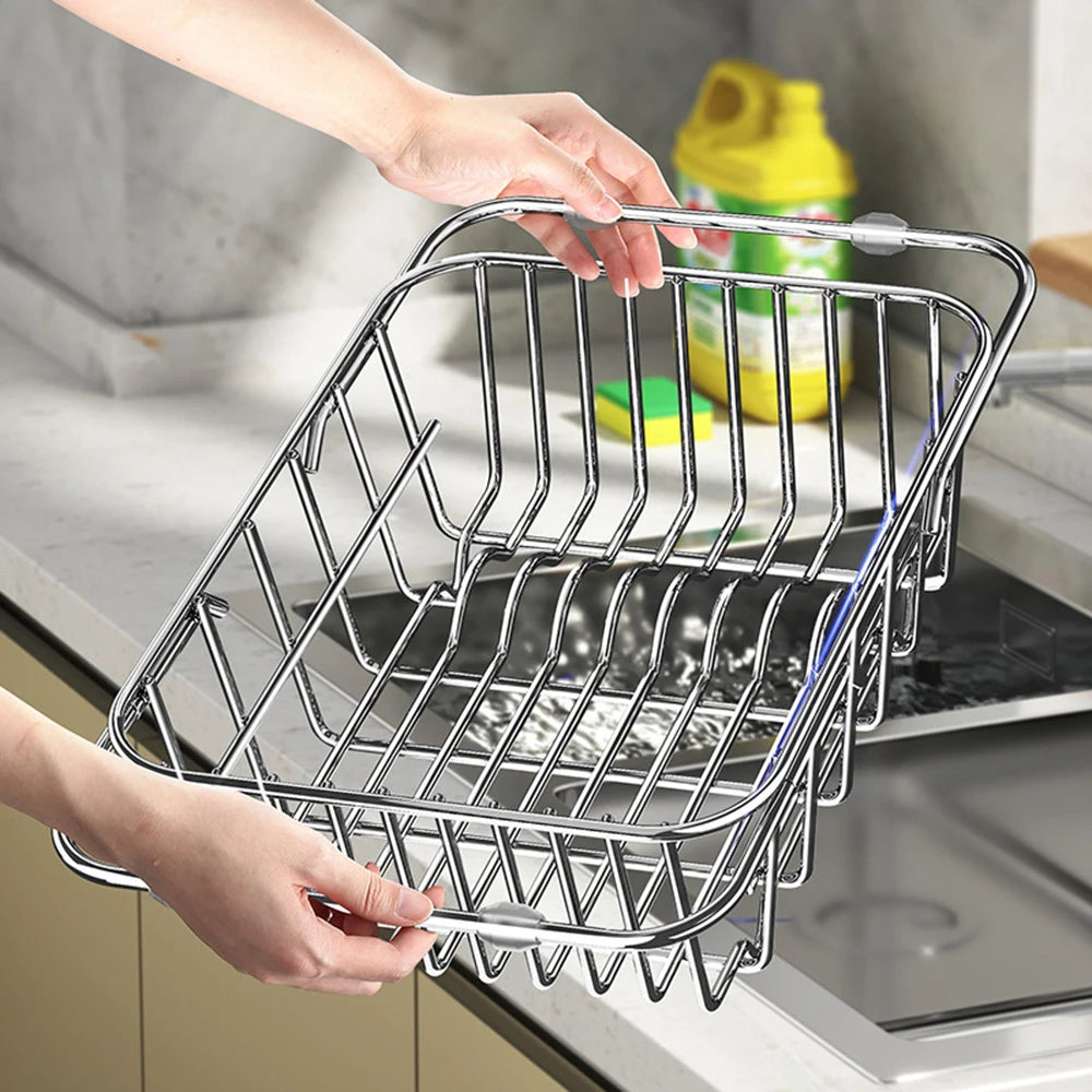Telescopic Sink Drain Basket, Stainless Steel Expandable Dish Drying Rack with Medium or Large Size Options for Kitchen Cups, Plates and Produce Rinsing