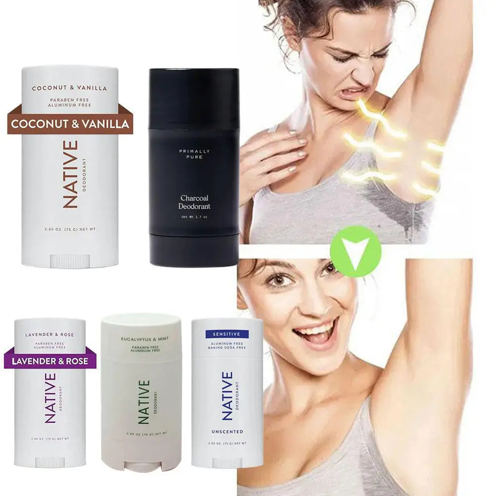 Body Deodorant Stick with Listed 75g Net Content and Twist-Up Solid Format, A to E Scent Option Labels for a Label-Guided Everyday Personal Care Routine
