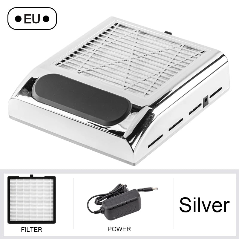 Nail Dust Collector with Touch Switch and Replaceable Filter, ABS Manicure Vacuum in White, Pink, Silver or Gold with US and EU Selection Labels