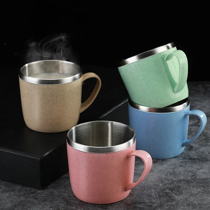 220ml Stainless Steel Mug with Plastic Handle and Double-Layer Design, Single Coffee, Tea and Milk Cup in Blue, Green, Pink or Beige for Home and Office