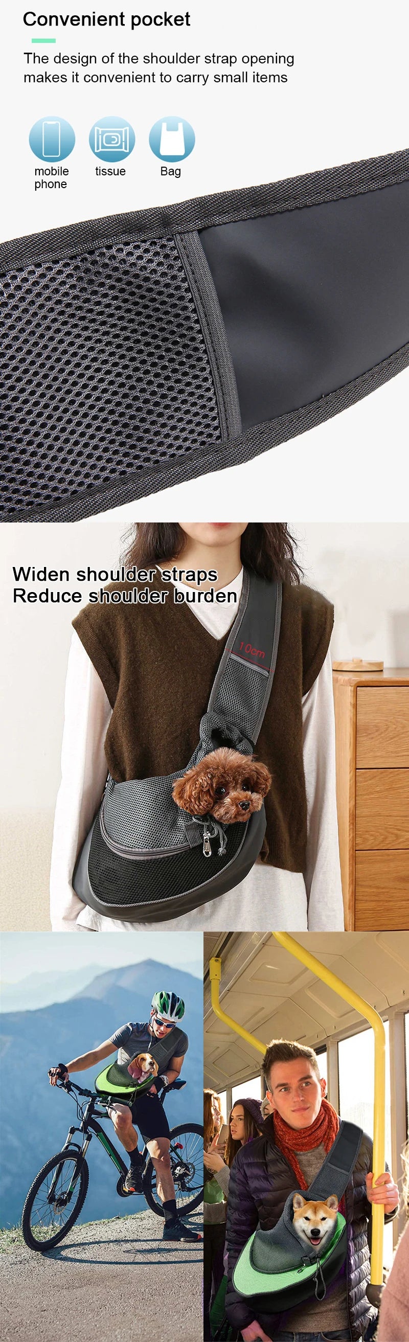 Pet Carrier Sling for Small Dogs and Cats, Mesh Single-Shoulder Carry Bag in S or L with Listed 6.6lb or 13.22lb Limits, Eleven Color Choices, Hand Wash Only