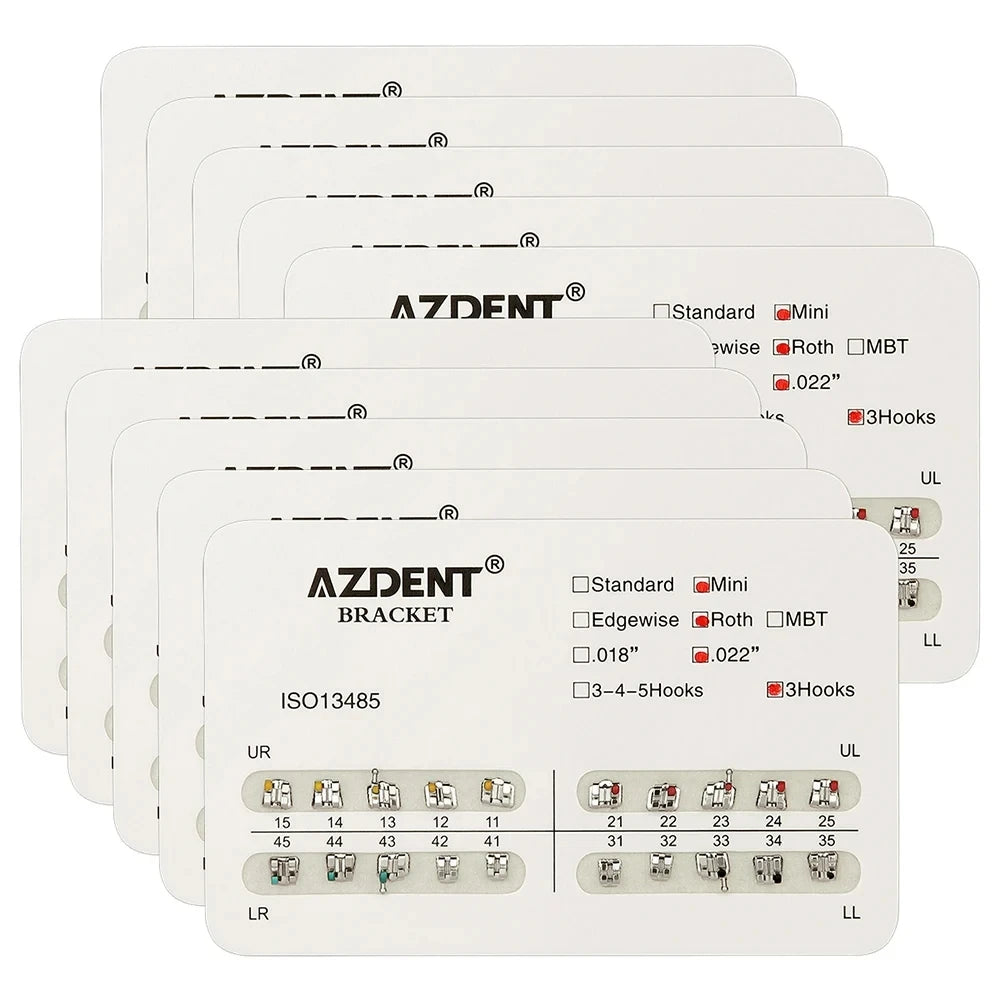 Orthodontic Metal Brackets by AZDENT, Mesh Base Mini and Standard Options with Roth, MBT or Edgewise Styles, 018 or 022 Slots, 10 Packs of 20 Pieces
