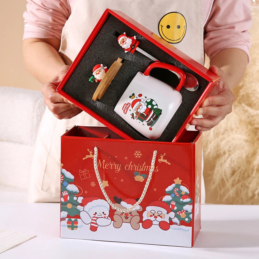 Christmas Ceramic Coffee Mug with Lid, Spoon and Gift Box, 400ml Holiday Cup in Santa Claus, Snowman, Christmas Gift or Christmas Deer Designs