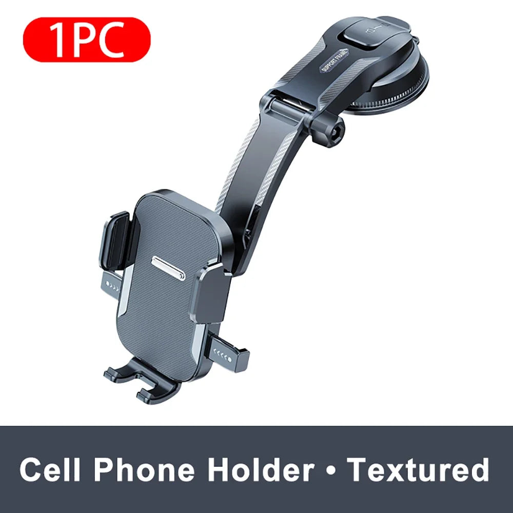 Car Phone Holder with Gravity Clamping Arms, Extension Rod and Suction Cup Base, Rotating Dashboard or Windshield Mount in Mirrored or Textured Options