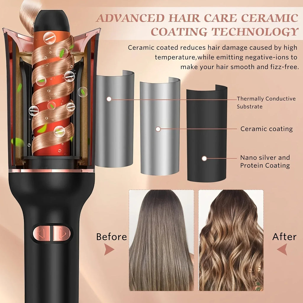 Auto-Rotating Ceramic Curling Iron by TINSOL, 34W Plug-In Hair Styler with Three Heat Settings, Tourmaline Ceramic Heating Surface and 2-Meter Cord