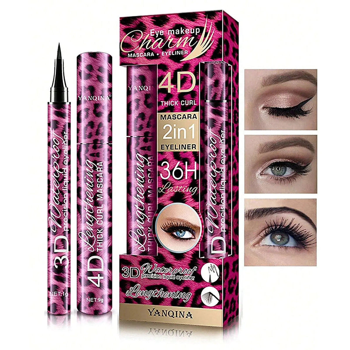 Eyeliner and Mascara Set by YANQINA with Eyebrow Pencil, Liquid Eye Liner and Volumizing Curl-Look Mascara for Everyday and Evening Makeup