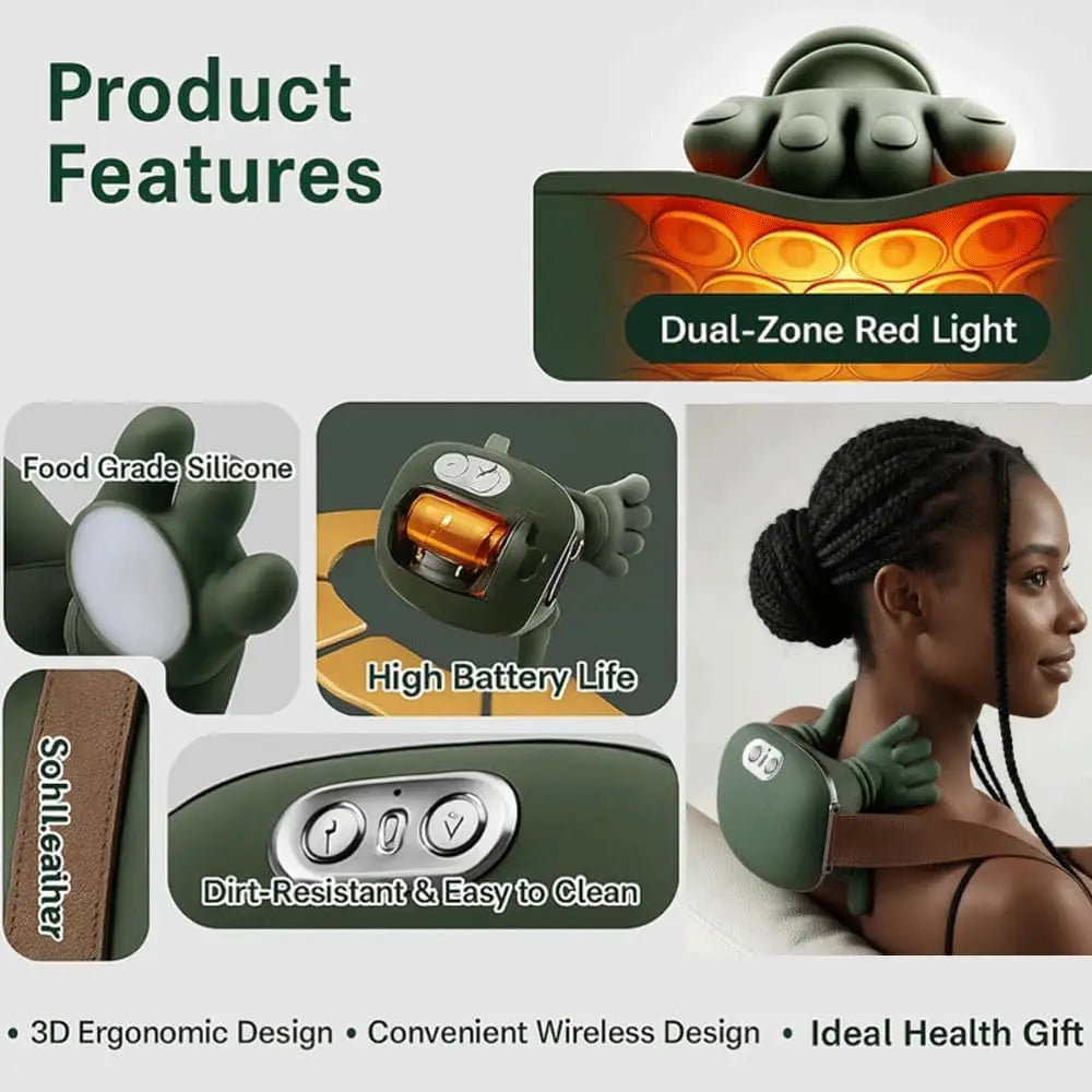 Wireless Neck and Back Massager with Heat, Battery-Powered 4D Shiatsu-Style Kneading Device in Green Silver Switch Option for Adult Relaxation Routines