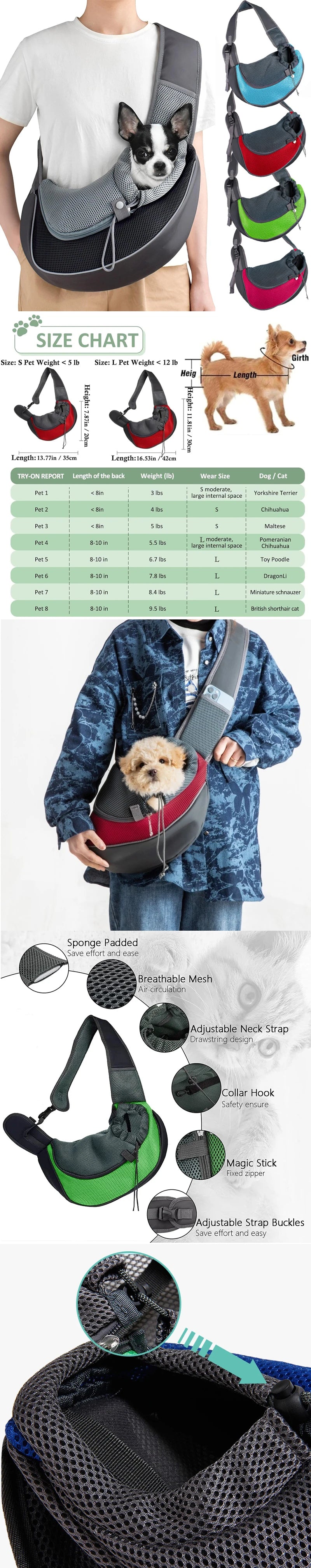 Pet Carrier Sling for Small Dogs and Cats, Mesh Single-Shoulder Carry Bag in S or L with Listed 6.6lb or 13.22lb Limits, Eleven Color Choices, Hand Wash Only