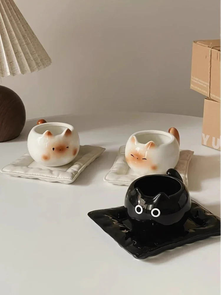 Cat Shaped Ceramic Mug with Listed 210ml Capacity, Underglaze Cartoon Siamese and Black Kitten Options for Coffee, Breakfast Milk and Cat Lover Gifts