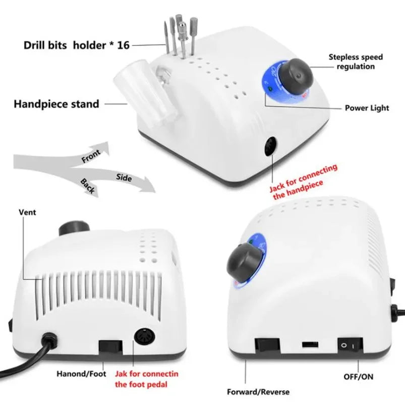 Electric Nail Drill Machine Kit with Listed 65W Input and 45,000 RPM Maximum, Handpiece, Foot Switch and Six Bits, Strong 210 Pro IV Reference and EU Plug