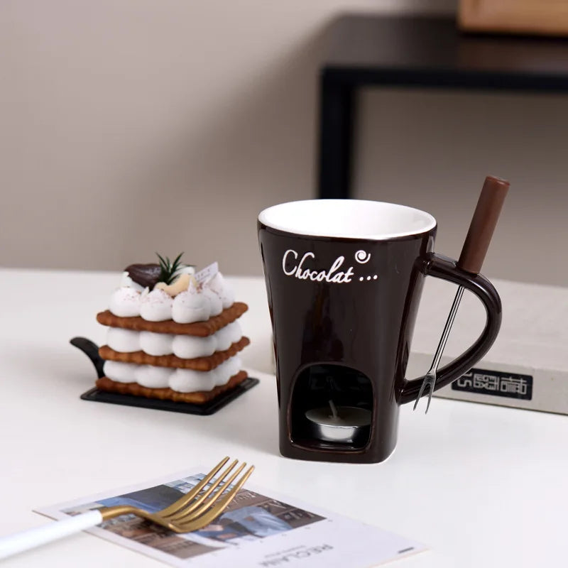 Chocolate Fondue Mug with 130ml Ceramic Cup and Stainless Steel Fork, Tea Light Dessert Warmer for Fruit, Cookies and Cozy Tabletop Dipping