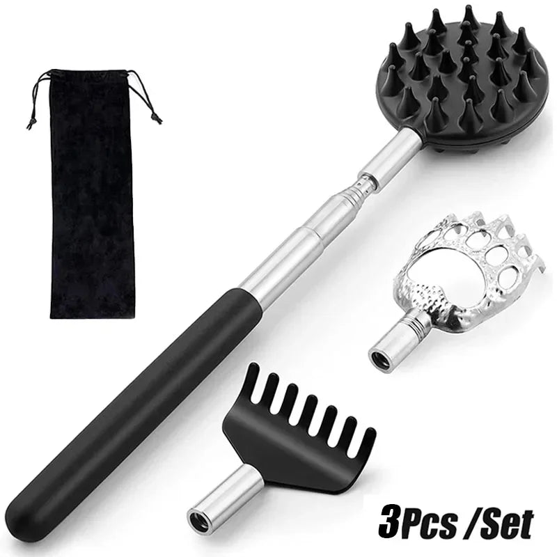 Telescopic Back Scratcher with Stainless Steel Handle, Listed 8 to 32 Inch Reach and Detachable Head Set Reference, Single, Three or Five-Piece Options