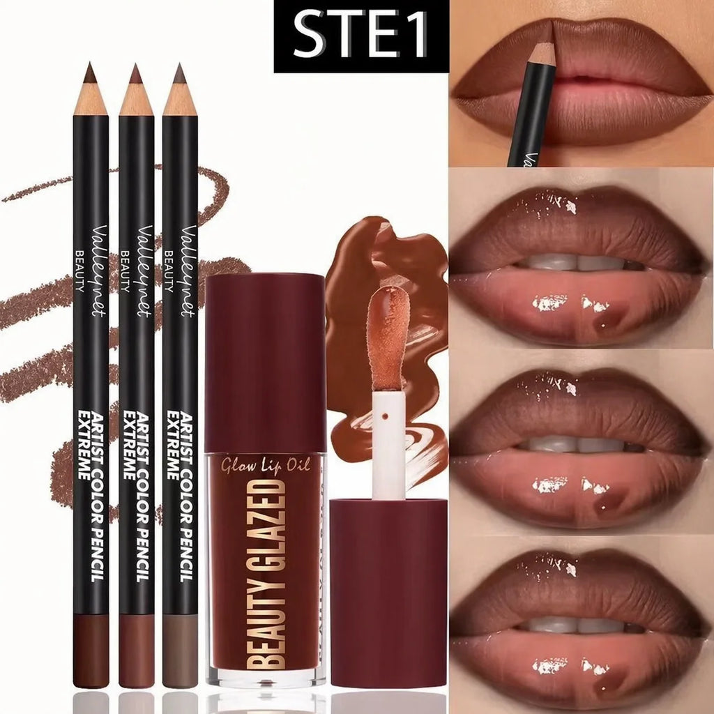 Four-Piece Lip Makeup Kit with Three Lip Liners and One Lip Glaze, Matte Effect Reference and Three Numbered Set Options for Adult Everyday and Occasion Looks