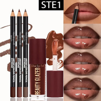 Lip Liner and Glaze Set with Three Liners and One Lip Glaze, Four-Piece Lip Makeup Kit in Three Numbered Options for Everyday Outlining and Evening Looks