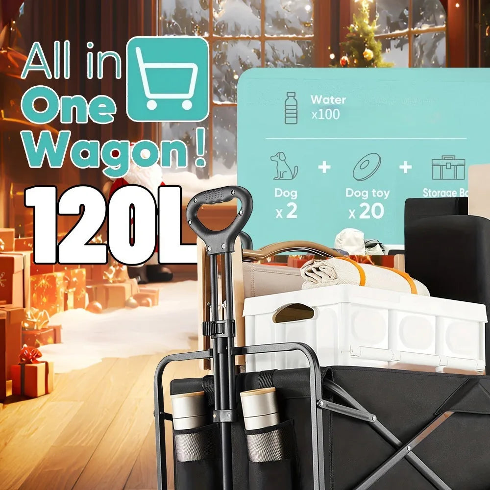 Folding Wagon Cart with Side Pockets and Listed 360-Degree All-Terrain Wheels, Black Collapsible Utility Carrier in Three Load-Labeled Options for Camping Gear