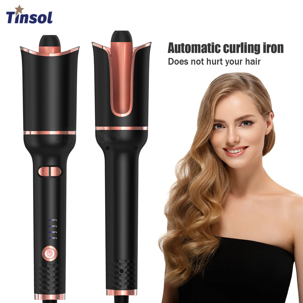 Auto-Rotating Ceramic Curling Iron by TINSOL, 34W Plug-In Hair Styler with Three Heat Settings, Tourmaline Ceramic Heating Surface and 2-Meter Cord