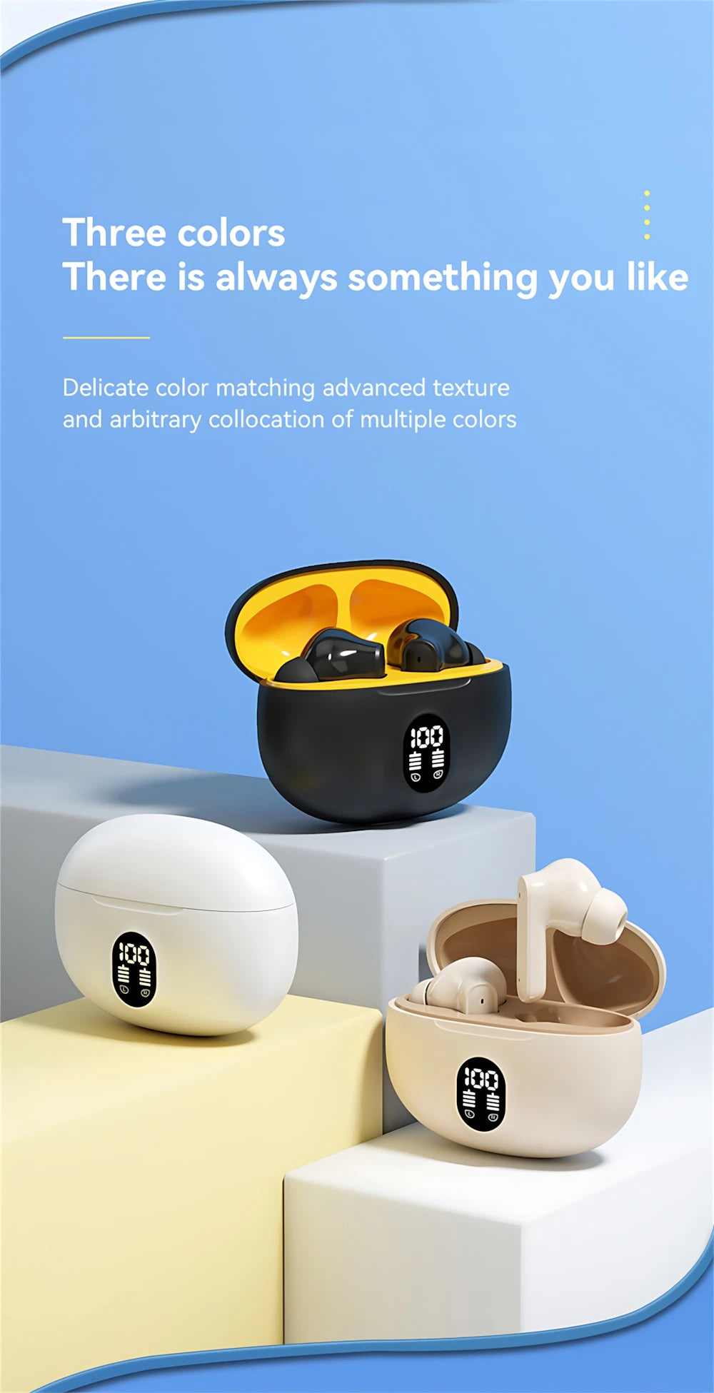 Mini Slim Bluetooth Earbuds with LED Battery Display Charging Case, TWS In-Ear Stereo Earphones with Microphone in Skin, Black or White for Music and Calls