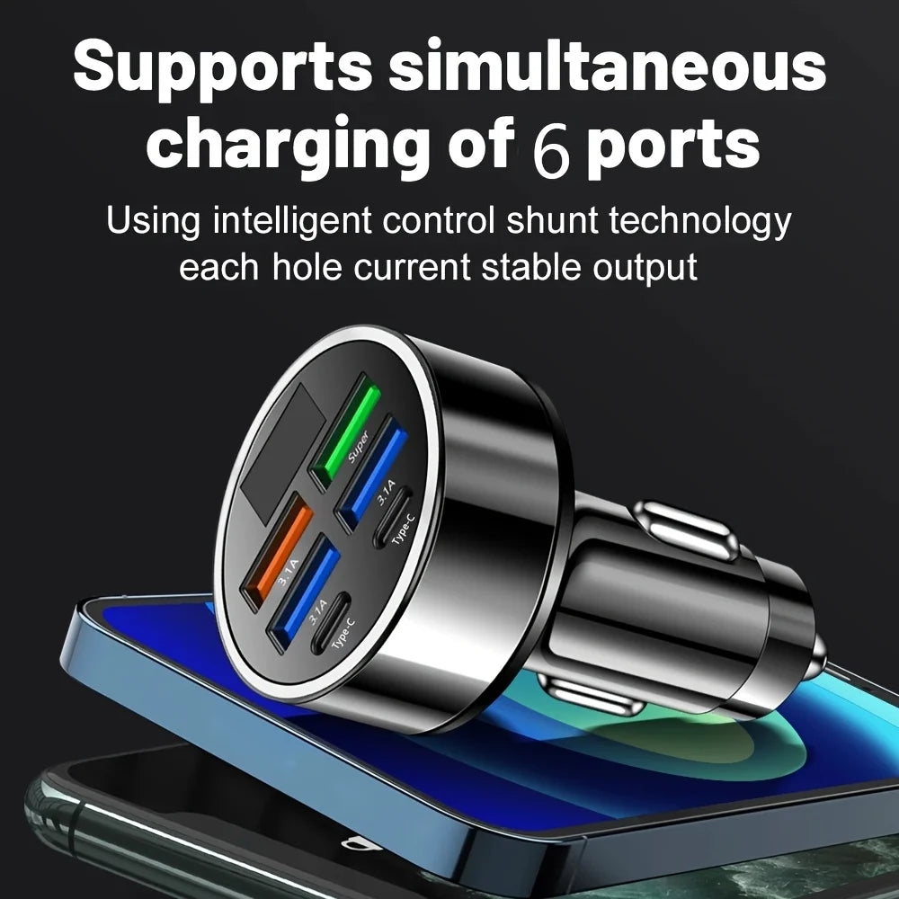 Dual Type-C Car Charging Adapter, Black Charger with Digital Display and Listed 6-in-1 Format and 3.1A Rating for Compatible Phones, Tablets and Power Banks