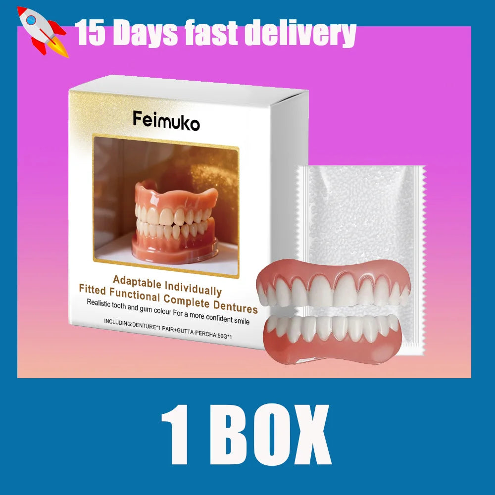 Cosmetic Denture-Style Teeth Cover Kit with Single-Piece and Multi-Item Purchase Labels, Material and Fit Details Requiring Professional Dental Review Before Use