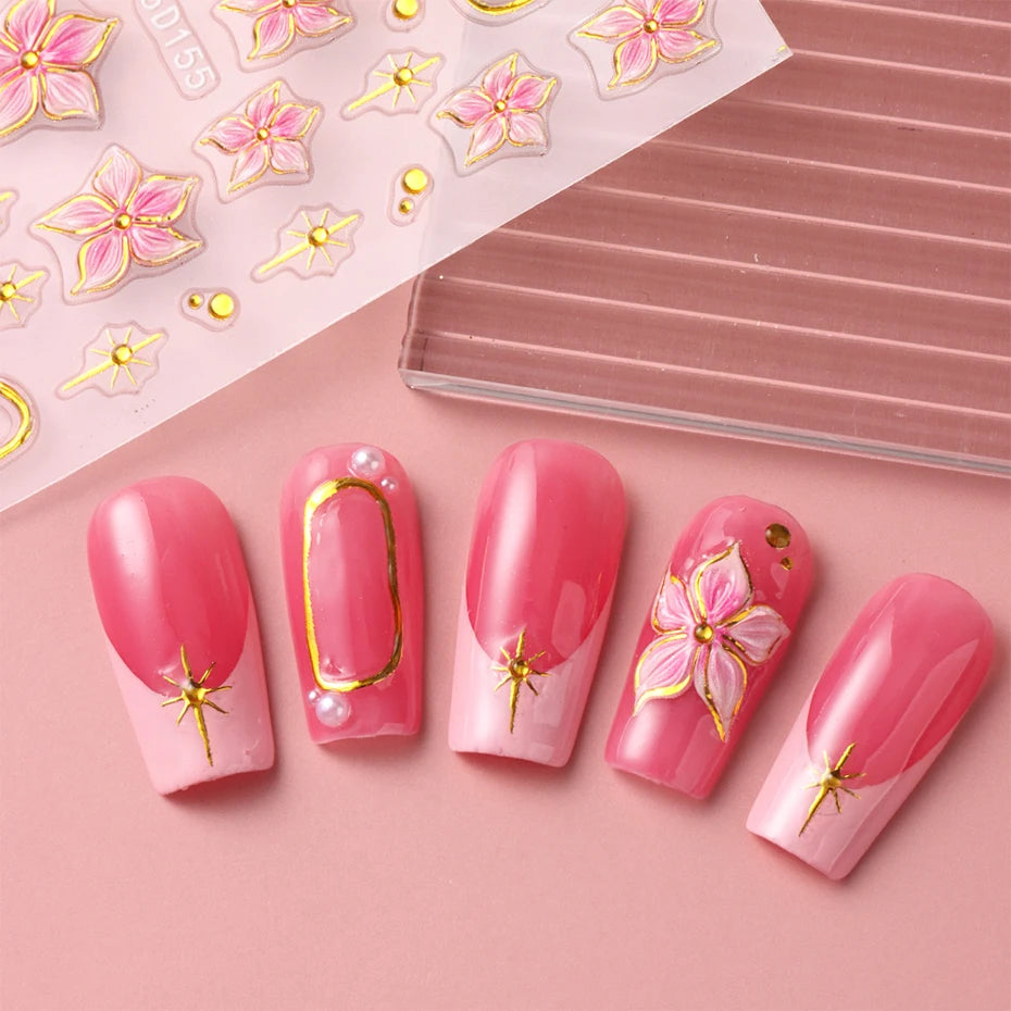 Hibiscus Flower Nail Stickers with Embossed Pink Floral and Golden Ring Details, 2-Piece 5D155 Self-Adhesive Decal Set for DIY Manicures and Party Nail Art