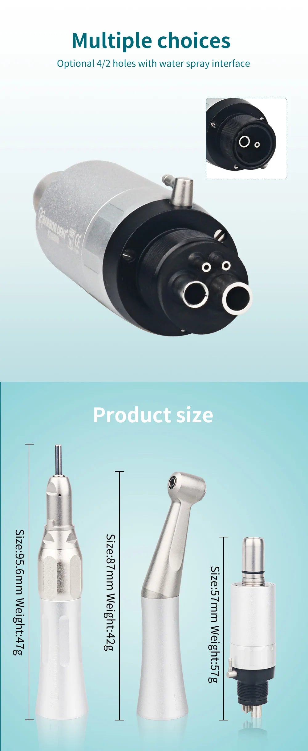 Dental Air Motor and Low Speed Handpiece Options, 2 or 4 Hole Motor, Contra Angle or Straight Attachment Selections for Professional Polishing Equipment