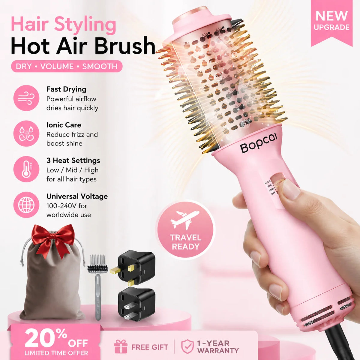Dual Voltage Travel Hair Dryer Brush, Pink 4-in-1 Compact Hot Air Styler with Listed 100–240V Operation, Three Heat and Airflow Modes and US, EU or UK Plug Choices
