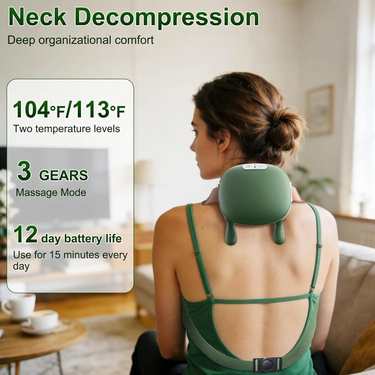 Wireless Neck and Back Massager with Heat, Battery-Powered 4D Shiatsu-Style Kneading Device in Green Silver Switch Option for Adult Relaxation Routines