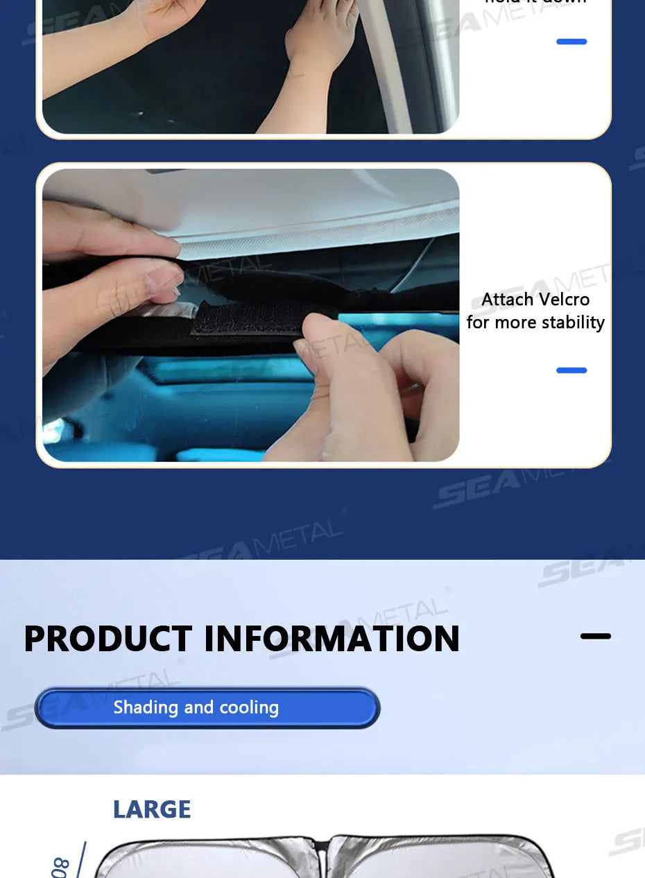 SEAMETAL Foldable Windshield Sun Shade in Silver with Reflective Material, Mirror Cutout and Wire Support, Small or Large Options for Parked Cars