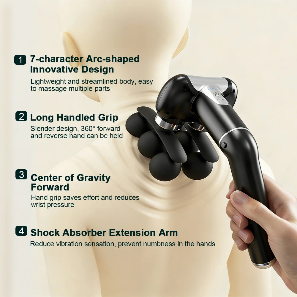 Detachable Long-Handle Massage Gun with Six Intensity Levels, Listed 1800mAh Battery and 15-Minute Timer in Black, Grey or White for Adult Home Relaxation