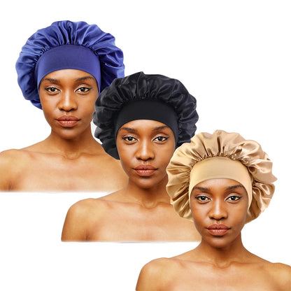 Wide Band Satin Sleep Bonnet with Listed Elastic Hair Wrap Design, Polyester Material Reference and Twenty-Eight Color Labels for Adult Nighttime Hair Styling