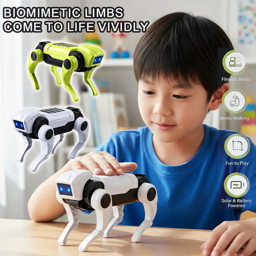 DIY Robot Dog Toy with Walking Movement and Blue LED Eyes, Battery-Powered Mechanical Puppy with Assemble-Yourself Legs in White or Green for Hands-On Play