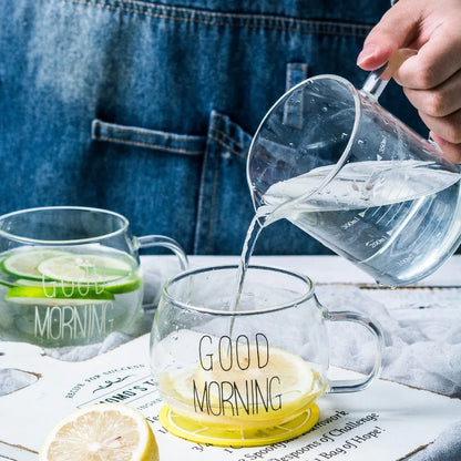Letter Printed Glass Mug with Handle, Single 350ml Coffee and Tea Cup in Black Label or White Label Options for Breakfast Milk and Home Drinkware