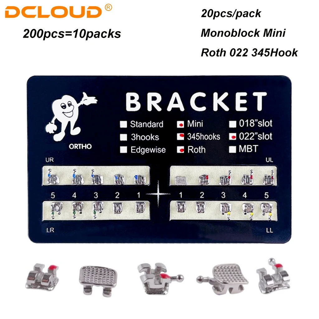 Monoblock Orthodontic Brackets, 200-Piece Metal Dental Supply in 10 Packs with Mini Design and Roth, MBT or Edgewise 022 Options for Professional Use