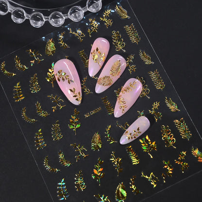 Gold Leaf Nail Stickers, 12-Piece Metallic 3D Floral Self-Adhesive Nail Art Decal Set for Botanical DIY Manicures, Party Styling and Salon Decoration