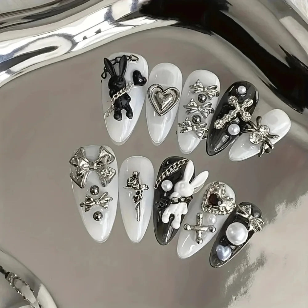 Black and White Press-On Nails with Rabbit and Bow Decorations, 10-Piece Gothic Minimalist False Nail Set in SJ116 XS, S or M Options for Daily and Party Looks