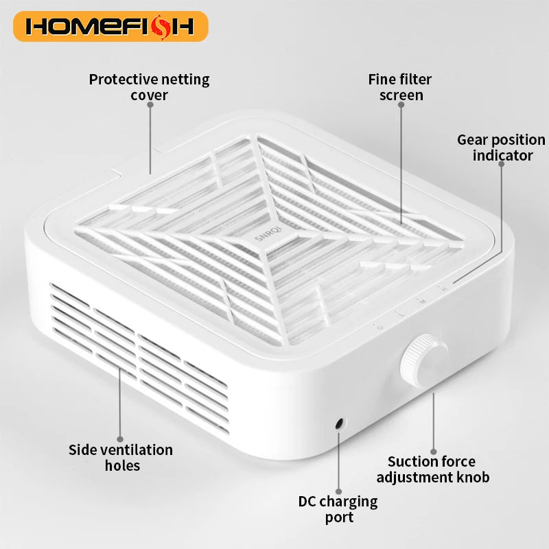 Brushless Nail Dust Collector WL007 with Three Fan Speeds and Removable Reusable Filter, White Manicure Vacuum with US or EU Adapter Options