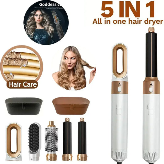 Interchangeable Hair Dryer Brush Set, 5-in-1 1000W Hot Air Styler with Curling Attachments, Smoothing Comb and Nozzle, Three Heat Settings and US Plug Option