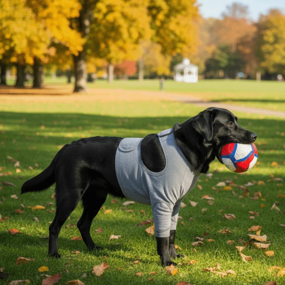 Dog Leg Sleeve in Grey Polyester, Single Stretch Fabric Pet Leg Cover with Six Size Options from S to 3XL and Chest, Neck and Sleeve Measurement Guide