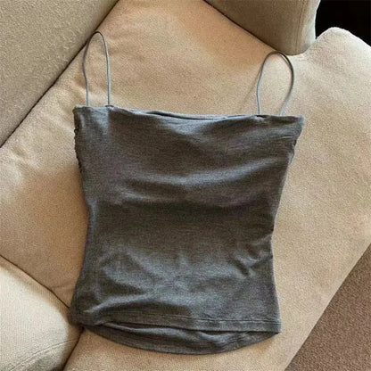 Women's Fixed Pad Crop Top with Thin Straps, Sleeveless Polyester Casual Tank in Red, Black, White or Grey, One Size for Layering and Going-Out Outfits