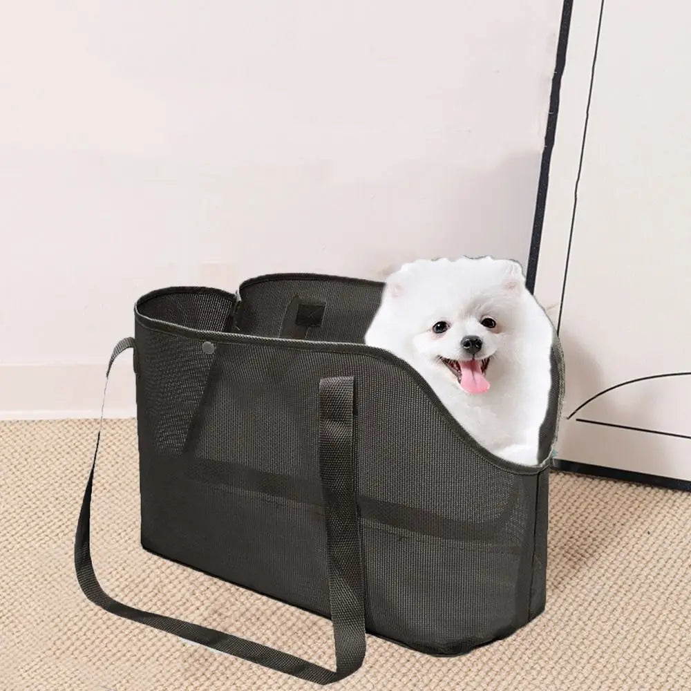 Mesh Dog Carrier Shoulder Bag, Foldable Breathable Pet Travel Handbag with Textilene, Nylon and Oxford Cloth in Beige, Black or Grey and M or L Size Options