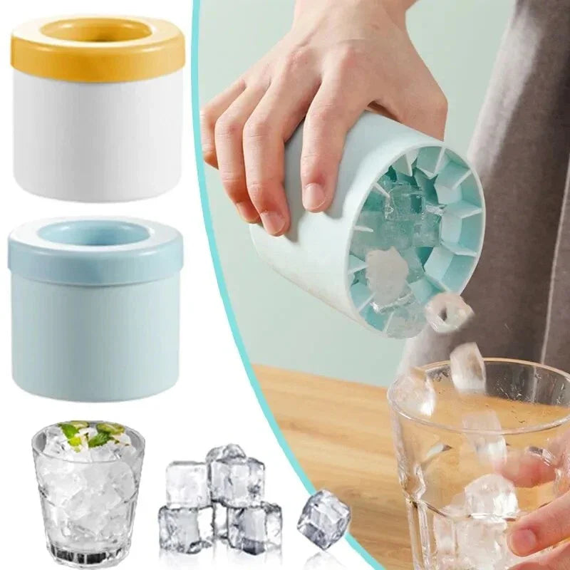 Silicone Ice Cube Mold with Lid, Round Ice Bucket Tray for Freezer, Mini Bullet Ice Maker for Cocktails, Whiskey, Juice, Home Bar and Party Drinks, Pink, Yellow and Blue