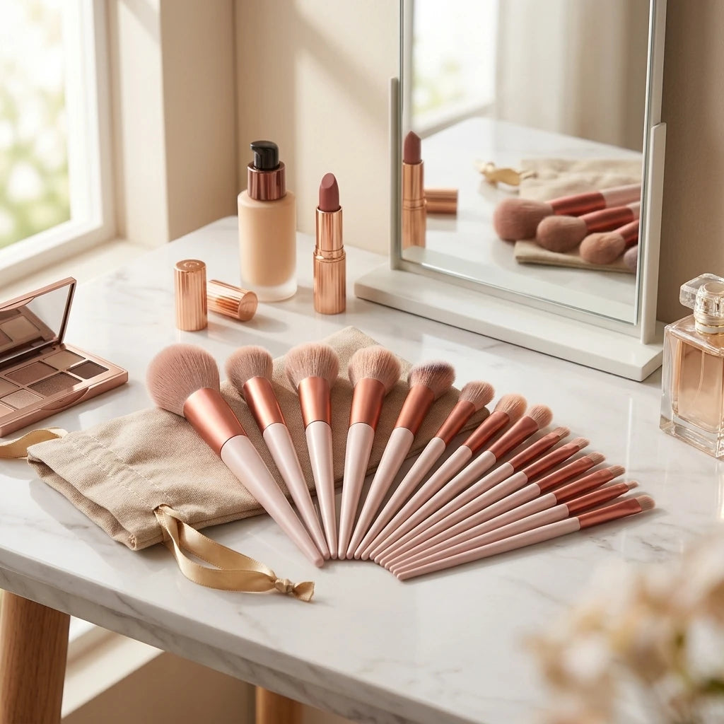 Synthetic Makeup Brush Set with Soft Fibers, Plastic Handles and Aluminum Ferrules, Color Choices and Select Bag Options for Foundation, Eyeshadow and Blush