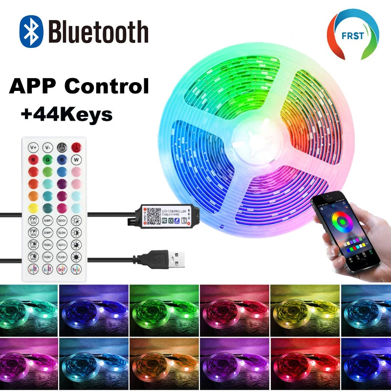 SMD 5050 RGB Bluetooth Light Strip with 5V USB Power, App-Only or 24-Key and 44-Key Remote Options in Six Lengths for Dry Indoor TV and Room Accent Decor